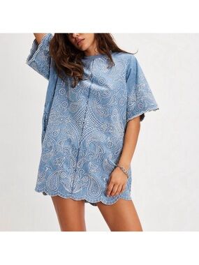 Free People Harlow Embroidered Denim Mini Dress NWT SIZE S